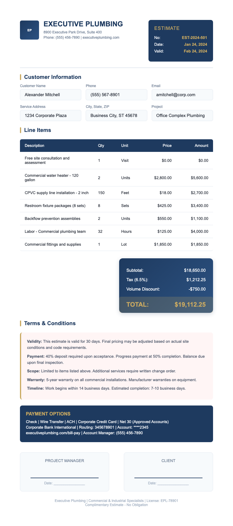 Executive Navy free plumbing estimate form